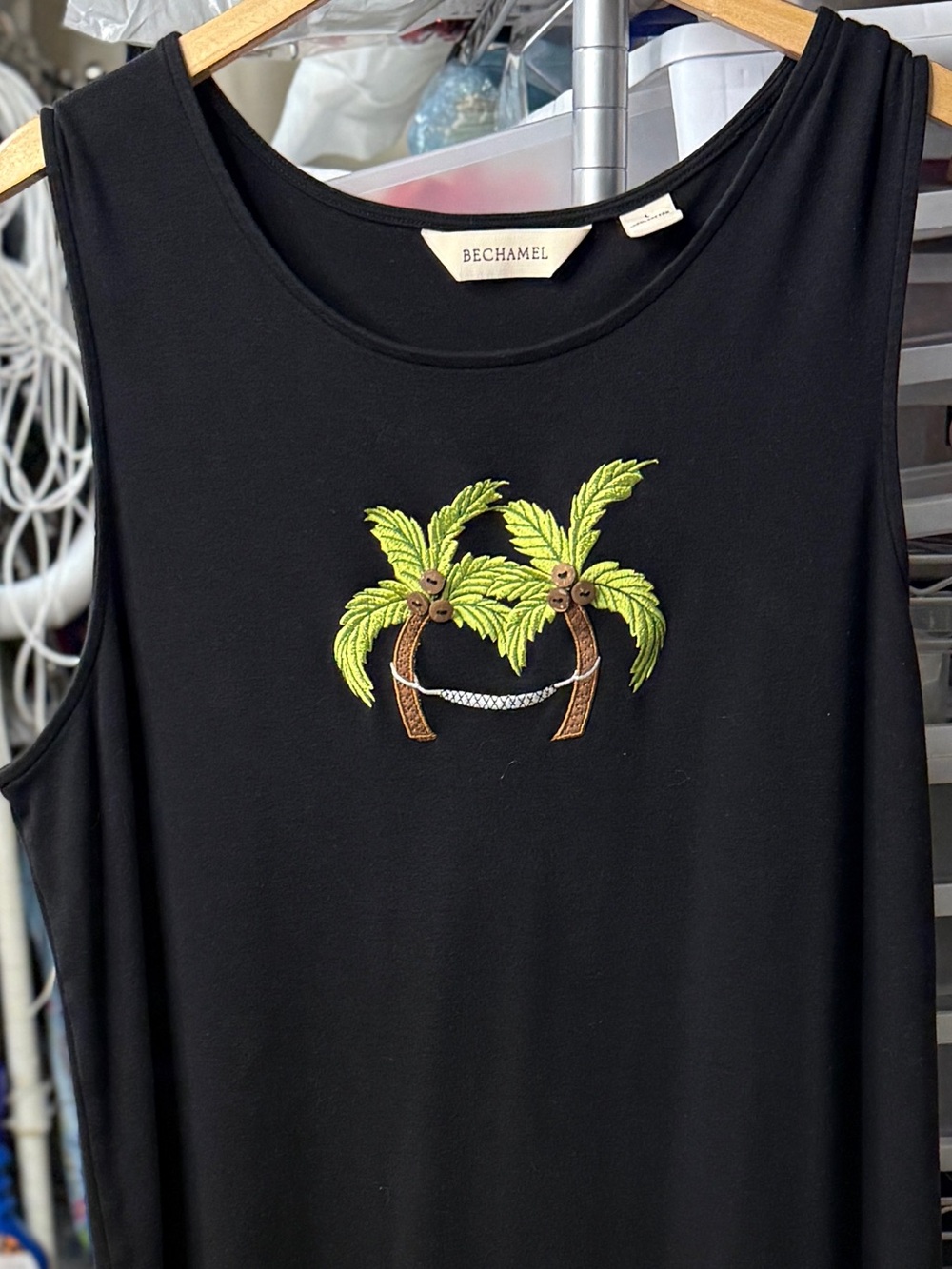Vintage Bechamel 80-90s Black Cotton Knit Maxi Dress Palm Trees w Real Coconuts